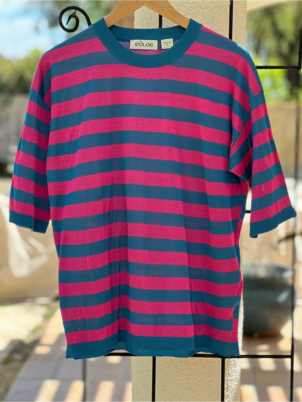 Eolas Women’s Oversized Medium Stripe Crewneck Shirt in Blue & Pink